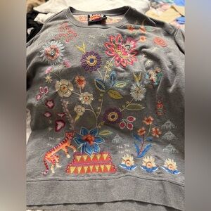 Johnny Was Embroidered French Terry Pullover Sweatshirt Gray Boho Floral 2XL